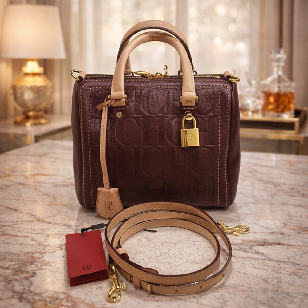 CAROLINA Herrera Andy 5 Mini Lock & Key Burgundy Nopal Leather and Tan Handbag